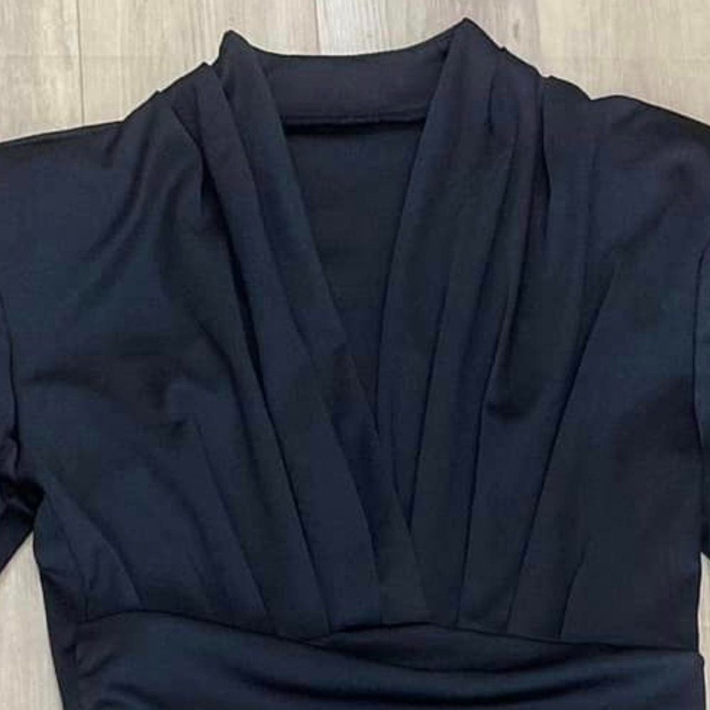 Black Midi Dress Jersey Knit Rounded Hem Long Sleeves Soft Large - Picture 2 of 5